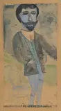 Nikifor Krynicki, PORTRET MĘŻCZYZNY PRZY KRZEŚLE, lata 20. XX w., ołówek, akwarela, papier naklejony na tekturę