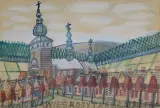 Nikifor Krynicki, PEJZAŻ MIEJSKI Z DREWNIANYM KOŚCIOŁEM, ołówek, akwarela, gwasz, papier