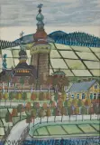 Nikifor Krynicki, CERKIEW W POWROŹNIKU, ok. 1960, ołówek, akwarela, gwasz, papier
