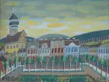 Nikifor Krynicki, PEJZAŻ MIEJSKI Z SYNAGOGĄ, ok. 1955, akwarela, gwasz, tektura