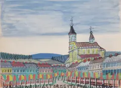 MIASTECZKO W GÓRACH by Nikifor Krynicki, akwarela, gwasz, papier, sold Dec 2022