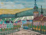 WIDOK MIASTECZKA Z DREWNIANYM KOŚCIOŁEM by Nikifor Krynicki, gwasz, akwarela, ołówek, papier, sold Dec 2022