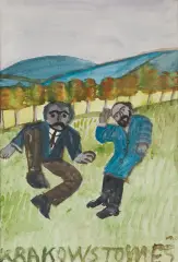 Nikifor Krynicki, MĘŻCZYŹNI NA ŁĄCE, lata 50. XX wieku, akwarela, papier