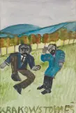 MĘŻCZYŹNI NA ŁĄCE, lata 50. XX wieku by Nikifor Krynicki, akwarela, papier, sold Oct 2022