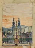 BISKUP PRZED KOŚCIOŁEM by Nikifor Krynicki, ołówek, akwarela, gwasz, papier, sold Jun 2022