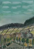 Nikifor Krynicki, WIDOK Z KRYNICY Z KAPLICZKĄ, l. 50./60. XX w., akwarela, gwasz, papier