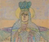 MATKA BOSKA by Nikifor Krynicki, lata 60. XX w., kredki, papier, sold Jul 2021