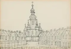 Nikifor Krynicki, KOŚCIÓŁ W MIEŚCIE, ołówek, papier kremowy