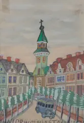 Nikifor Krynicki, WIDOK MIEJSKI Z SAMOCHODEM, LATA 60. XX W., akwarela, gwasz, ołówek, papier