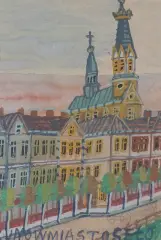 Nikifor Krynicki, PEJZAŻ MIEJSKI Z KOŚCIOŁEM, LATA 60. XX W., akwarela, gwasz, ołówek, papier