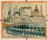 MIASTO by Nikifor Krynicki, akwarela, kredka, ołówek, papier, sold Jun 2017