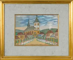 Nikifor Krynicki, Miasto z kościołem, po 1963, akwarela, ołówek, papier