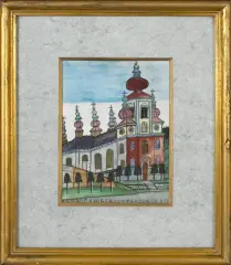 Nikifor Krynicki, Kościół, po 1960, akwarela, ołówek, tusz, papier
