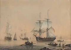 Samuel Atkins, Royal Navy Ships Off The Coast, Watercolour and pencil
