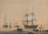 Samuel Atkins, Royal Navy Ships Off The Coast, Watercolour and pencil