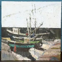 Lea Bright, Fishing Boats In A Harbour, Oil on canvas