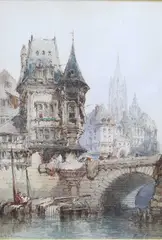 Paul Marny, A Pair Of Continental Views, Caudebec, Normandy And Nideck, Alsace, Watercolour