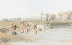 George Alfred Fripp, Cattle Drinking, 1871, Watercolour