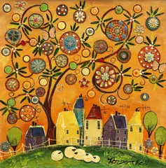 Rozanne Bell, Village View With Tree And Sheep, Mixed media