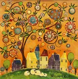 Rozanne Bell, Village View With Tree And Sheep, Mixed media