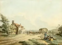 Peter le Cave, A Mule Cart And Riders In A Village, Watercolour