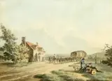 Peter le Cave, A Mule Cart And Riders In A Village, Watercolour