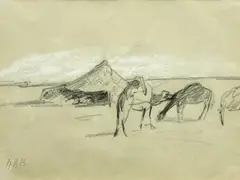 Hercules Brabazon Brabazon, Camels And A Tent, Pencil and wash