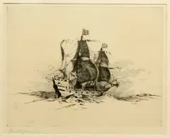 Gunship by Harold Wyllie, Etching, sold Jun 2023