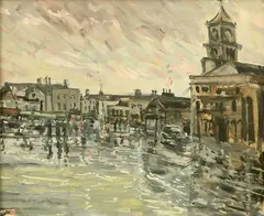 Kenneth Gribble, Market Square In The Rain, Middlesbrough, Oil on board
