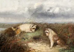 J Langlois, Terriers At A Burrow, Oil on canvas