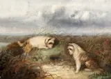 J Langlois, Terriers At A Burrow, Oil on canvas