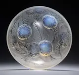 René Lalique (French, 1860-1945), A 'Dahlias' Bowl, Designed 1921 by René Lalique, glass, moulded R Lalique France mark, sold May 2023