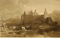 William Leighton Leitch, Highland Cattle By A Ruined Castle, Possibly Kilchurn Castle, Pencil, pen, brown ink and wash