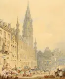 Samuel Gillespie Prout, Market Square And Hôtel De Ville, Brussels, Pencil and watercolour
