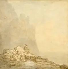 Joseph Farington, Fishermen On The Shore, 1787, Pen, brown ink, blue and grey wash