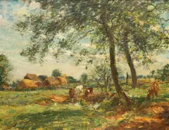 Mark William Fisher, Cattle And Haystacks On Hatfield Heath, Oil on canvas