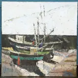 Lea Bright, Fishing Boats In A Harbour, Oil on canvas