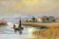Hercules Brabazon Brabazon, Village Beside A River With Sailing Boat, Watercolour