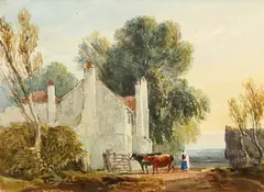 David Cox Jr., A Woman Driving Cattle By A Farm Gate, Watercolour and pencil