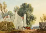 David Cox Jr., A Woman Driving Cattle By A Farm Gate, Watercolour and pencil