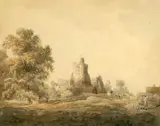 William Henry Pyne, A Church In Bedfordshire, 1794, Watercolour over pencil with wash line border