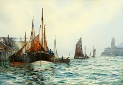 Frederick William Scarborough, Fishing Boats In A Harbour, Watercolour