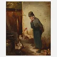 Meno Mühlig, Bauer und spielende Katzen, Öl auf Leinwand