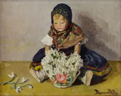 Dievčatko s kyticou vo váze by Ritta Boemm, Okolo 1900, Olej na kartóne, sold Mar 2015