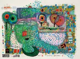 Regentropfenzähler by Friedensreich Hundertwasser, Farblithografie und -serigrafie mit Metallprägung auf FA 5 FABRIANO 50% COTTON (Wasserzeichen), sold Jun 2016
