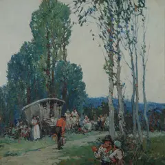 Frederick Grant, Impressionistic Camp Scene At Dusk, Oil on Board
