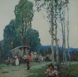 Frederick Grant, Impressionistic Camp Scene At Dusk, Oil on Board