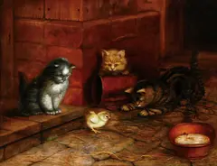 Ben Austrian, Just in Time For Dinner-Three Cats and a Chick-, Oil on canvas