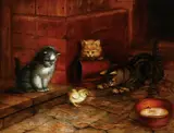 Ben Austrian, Just in Time For Dinner-Three Cats and a Chick-, Oil on canvas