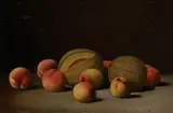 Still Life with Peaches and Cataloupes by American School, Oil on artist's board, sold Dec 2017